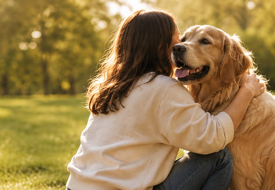 A dog and owner together outdoors